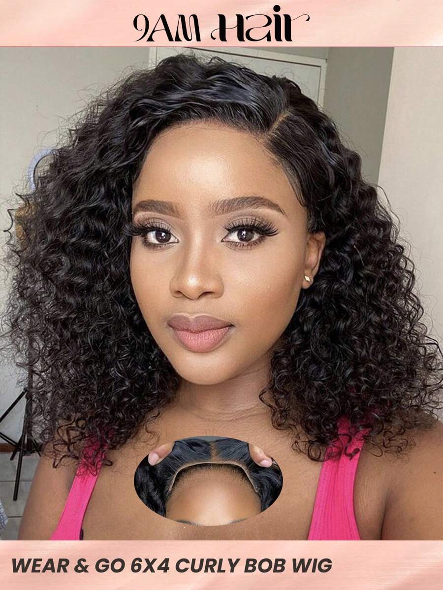 Density Pro 无胶水波波头蕾丝前假发 人发 6x4 闭合预剪卷发波波头假发 预拔戴上即走自然黑色波波头假发 14 英寸 - S1B - 查看 1