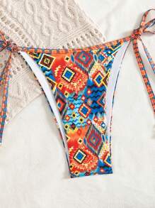 SHEIN Swim Conjunto de bikini de playa nuevo para mujer, conjunto de bikini con estampado geométrico de contraste de color y cordón, con dije premium de metal