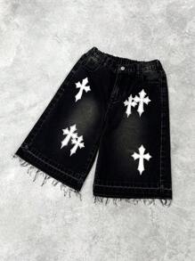 SHEIN 男童时尚休闲 Y2k 白色交叉设计黑色宽松七分牛仔短裤，柔软舒适，适合日常穿着，也适合儿童春夏穿着。 - 黑色 - 查看 3