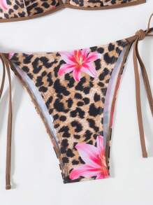 Swim Vcay 1 Set Bikini acolchado de mujer con estampado aleatorio de flor de lirio y estampado de leopardo, traje de baño sexy para playa, versátil para isla, playa, fiesta en la piscina, verano