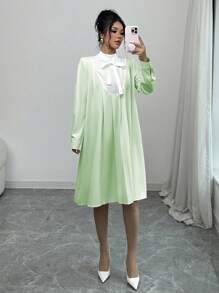 Elenzga 1pc Women Solid Color Patchwork Tie-Up Long Sleeve Elegant Dress Fall Cloth For Women