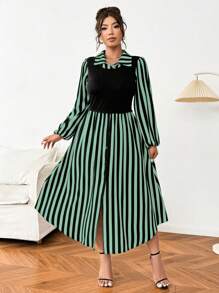 Flirla Plus Size Casual Striped Patchwork Mock 2 Pieces Dress, Autumn Maxi Women Outfit - Multicolor - View 4