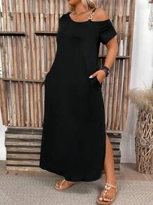 SHEIN PETITE Vestido diario sólido y simple para mujeres de talla grande, atuendo de mujer maxi para el Día de Acción de Gracias, de hombros descubiertos, atuendo de mujer para el verano
