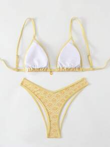 Swim Mod Springbreak Women Summer Floral Print Spaghetti Strap Top And High Cut Bikini Bottoms Beach Outfit - Yellow - View 2