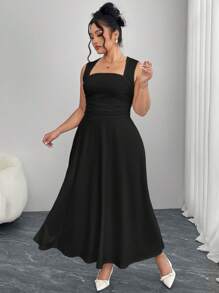 Modelyn Vestido largo de talla grande para mujer con dobladillo plisado lateral, unicolor