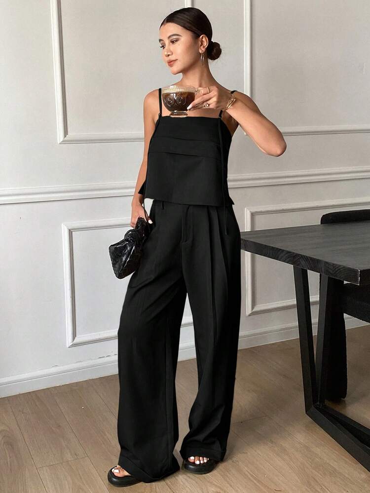 2pcs Women Vintage Style Solid Color Camisole & Wide Leg Palazzo Pants Set, Spring/Summer
