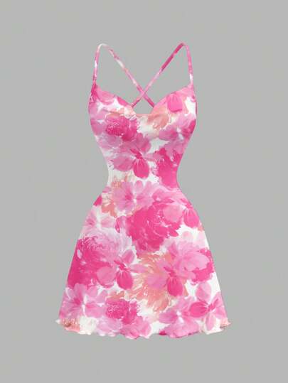 SHEIN MOD Casual Minimalist All-Over Print V-Neck Sleeveless Short Dress For Women,Rave Outfits Festival Boho Suitable For Going Out Chic Dress