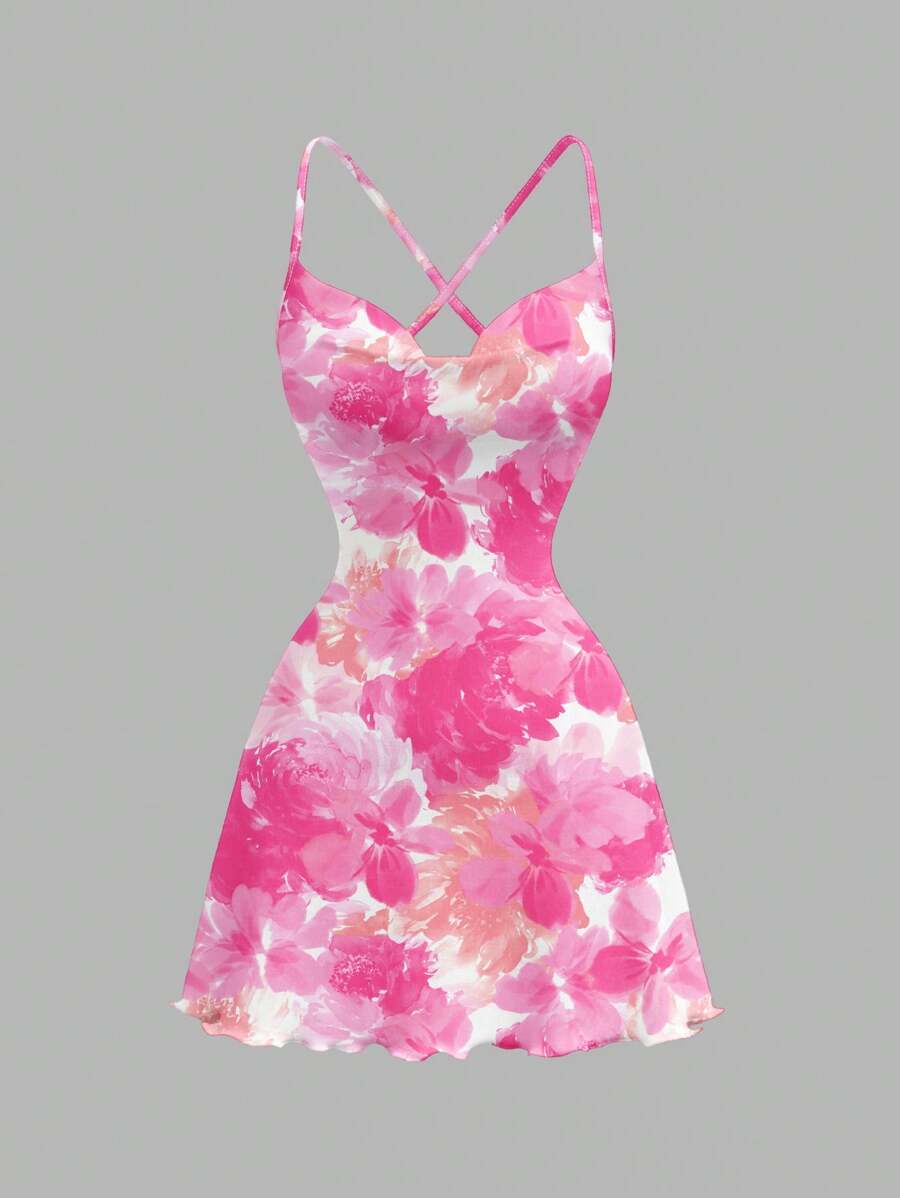 SHEIN MOD Váy ngắn không tay cổ chữ V in họa tiết toàn thân tối giản giản dị dành cho nữ - Màu Hồng Tươi - Xem 1