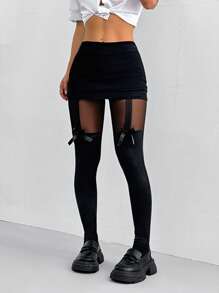 SHEIN EZwear Women's Solid High Waist Bow Decorated Mesh Patchwork Tights