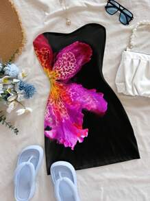 Soleia Vestido mini informal de estilo resort con estampado floral tropical, adecuado para verano y playa