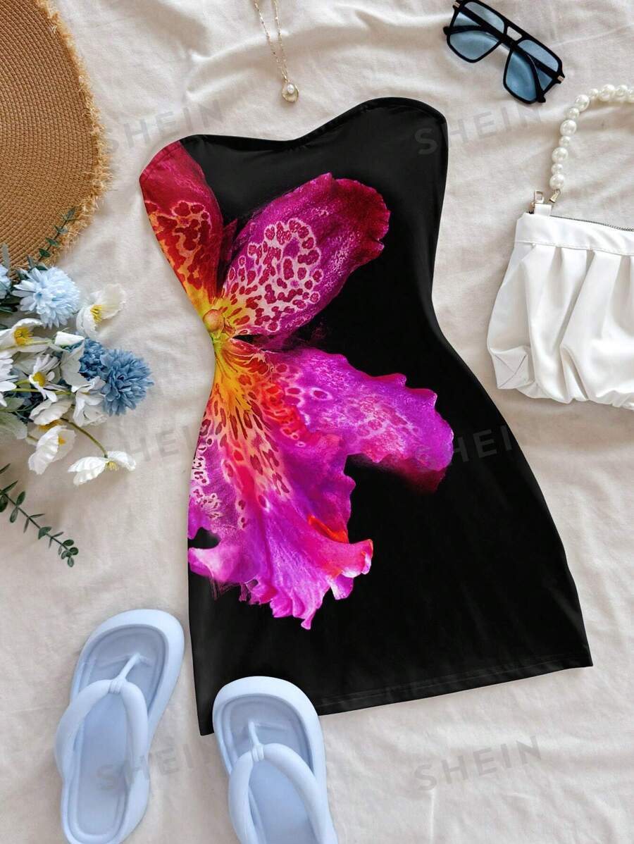 Soleia Vestido mini informal de estilo resort con estampado floral tropical, adecuado para verano y playa