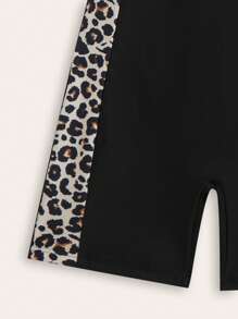 New Stylish Girls Leopard Print Patchwork One-Piece Swimsuit - Black - View 4