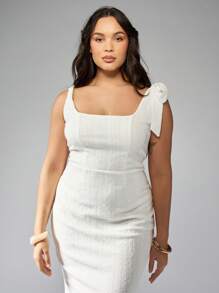 MISSGUIDED PLUS Váy maxi cổ vuông cỡ lớn có chi tiết nơ thêu cho tiệc cưới mùa hè, tiệc trà cô dâu, sự kiện trang trọng dài - trắng - Xem 3