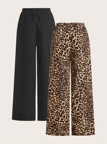 SHEIN EZwear Quần dài đen in họa tiết da báo cỡ lớn kiểu dáng thường ngày - Nhiều màu - Xem 2
