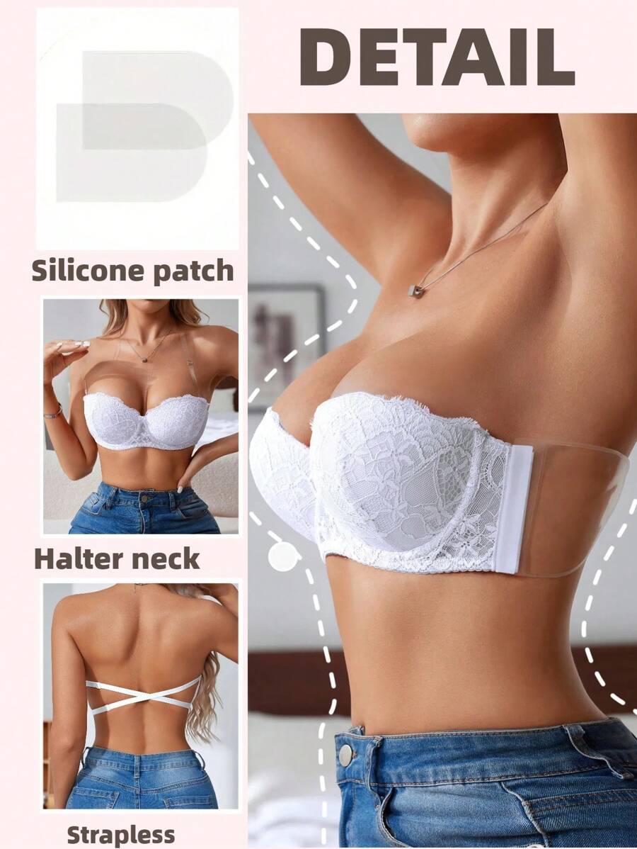 1pc Lace Backless Lingerie Bra With Underwire For Small Bust, Push Up, Strapless, Adhesive, Invisible Lingerie Bralette - White - View 1