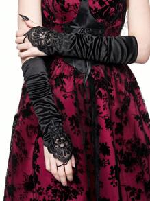 ROMWE Goth 1 Pair Women's ROSE Bride Embroidered Fingerless Gloves, All Season - Black - View 1