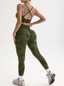 Gameset SHEIN Sport Women's Pattern Back Crossover Tank Top And Leggings Sportswear Set - Army Green - View 2