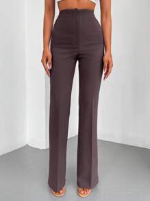 EURMUSE Solid Flare Leg Pants - Brown - View 5