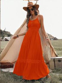 Breezaya 女式夏季撞色蕾丝荷叶边下摆吊带连衣裙、太阳裙长款度假海滩装 - 橘色 - 查看 5