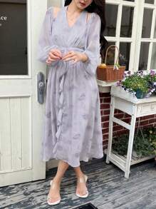 DAZY V-Neck Floral Print Off Shoulder Ruffle Hem Women Midi Dress,Fall Dress Long Sleeve Dress - Purple - View 5