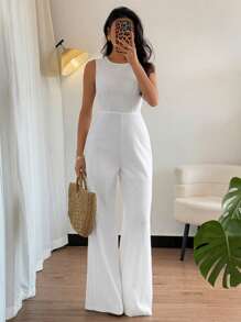 Islaluna Mono de mujer con contraste de encaje, sin mangas y de piernas anchas - Blanco - Ver 7