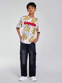 GARFIELD X SHEIN Camiseta de manga corta informal con gráfico de dibujos animados coloridos para niño preadolescente