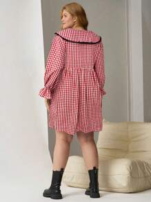 SHEIN EZwear Plus Size Spring Red & White Plaid Peter Pan Collar Dress - Red and White - View 2