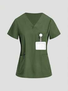 TaskEZ Uniform Set: V-Neck Short Sleeve Tailored Blouse And Drawstring Straight Leg Casual Pants - Olive Green - View 10