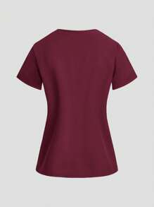 TaskEZ Uniform Set: V-Neck Short Sleeve Tailored Blouse And Drawstring Straight Leg Casual Pants, Scrub Sets - Red Violet - View 9