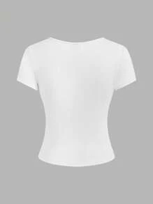 SHEIN EZwear 3pcs/Set Summer Casual Solid Color Notched Neck Ruched T-Shirts - Burgundy - View 8