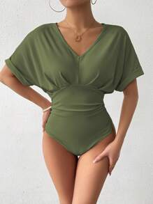 SHEIN Clasi V-Neck Ruched Bodysuit, Minimalist & Fashionable, Suitable For Summer - Army Green - View 1