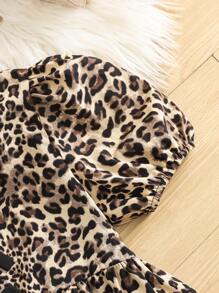 SHEIN Tween Girl Spring/Summer Fashionable Leopard Print Colorblock Bow Trim Ruffle Long Sleeve Casual Blouse, Holiday Wear - Brown - View 4