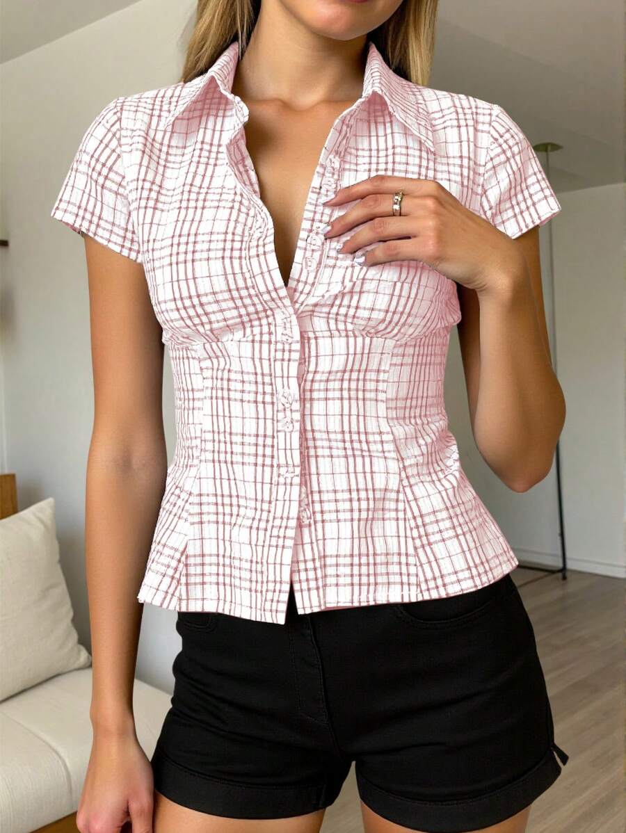 INAWLY 女士格子短袖单排扣休闲/办公衬衫 - 淺粉色 - 查看 1