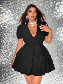 Viva Relle Vestido plus size feminino com decote em V profundo, manga bufante, bainha com babados, cor sólida - Preto - Ver 1