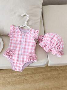 Newborn Baby Pink Plaid Random Print Swimsuit & Swim Cap Set - Baby Pink - View 2
