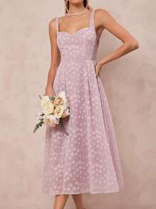 Amorya 婚礼宾客礼服 女士心形领、花朵剪裁、拼接、透视网纱、收腰、A 字长裙 - 粉色 - 查看 5