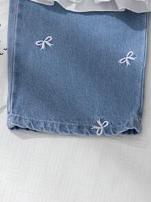 Genkimix Kids 女童罗纹布吊带背心 + 宽松长牛仔裤套装，韩版可爱拼接无袖衬衫，蝴蝶结刺绣，适合小女孩，夏季 - 白色 - 查看 3