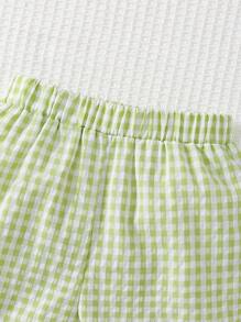 SHEIN 女宝宝可爱刺绣花卉格子无袖上衣和裤子套装，春夏 - 綠色 - 查看 7