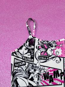 The Winx X SHEIN Tween Girl Cartoon Magical Girl Graphic Black And White Cami Dress