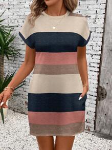 SHEIN LUNE Casual Striped Pattern Round Neck Short Sleeve Women's Summer Dress Chic Dress - Multicolor - View 5