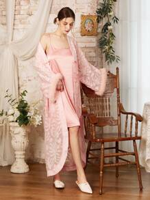 Côtesoire New Chinese Style Faux Rabbit Fur Jacquard Robe & Satin Camisole Night Gown, Elegant Set - Pink - View 10
