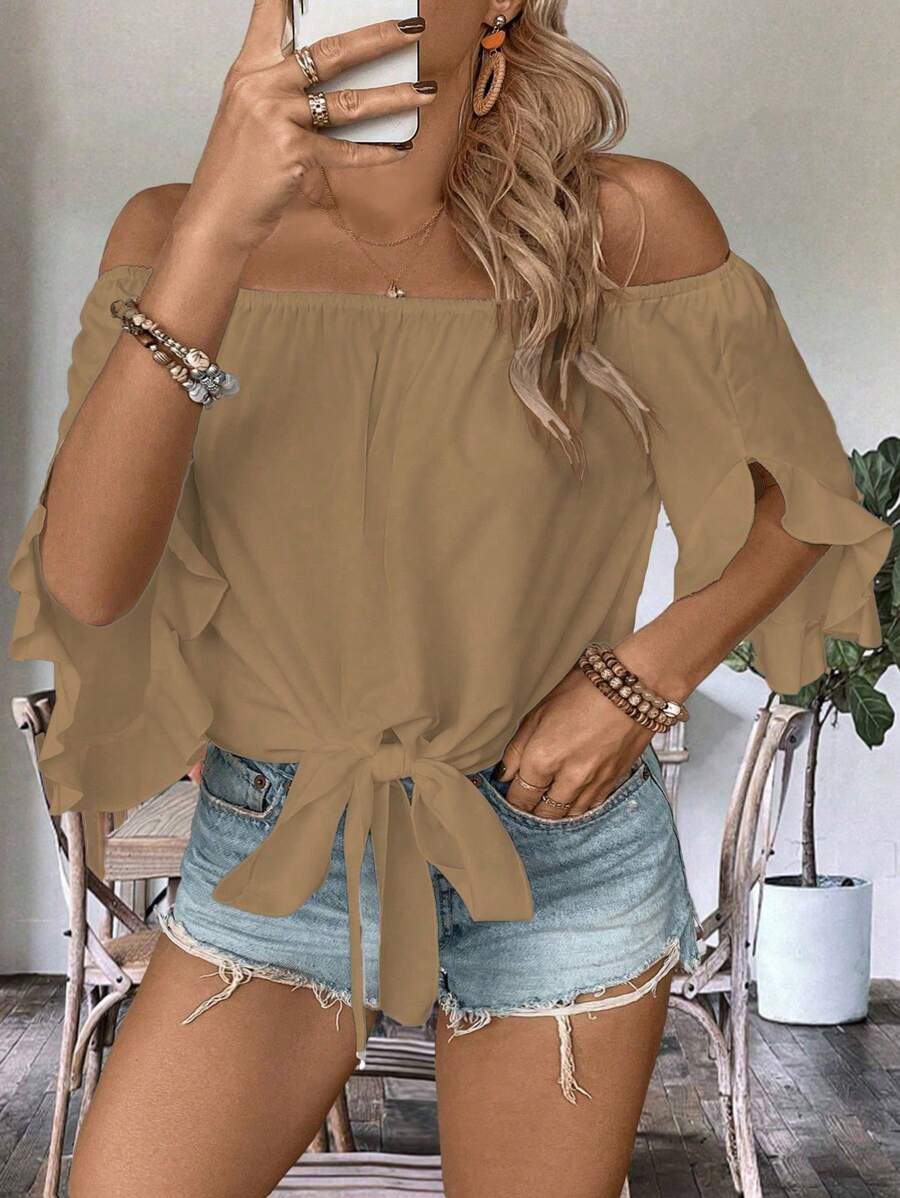 SHEIN LUNE Plus Size Women Vacation Plain Off Shoulder Ruffle Sleeve Fashion Shirt - Khaki - View 1
