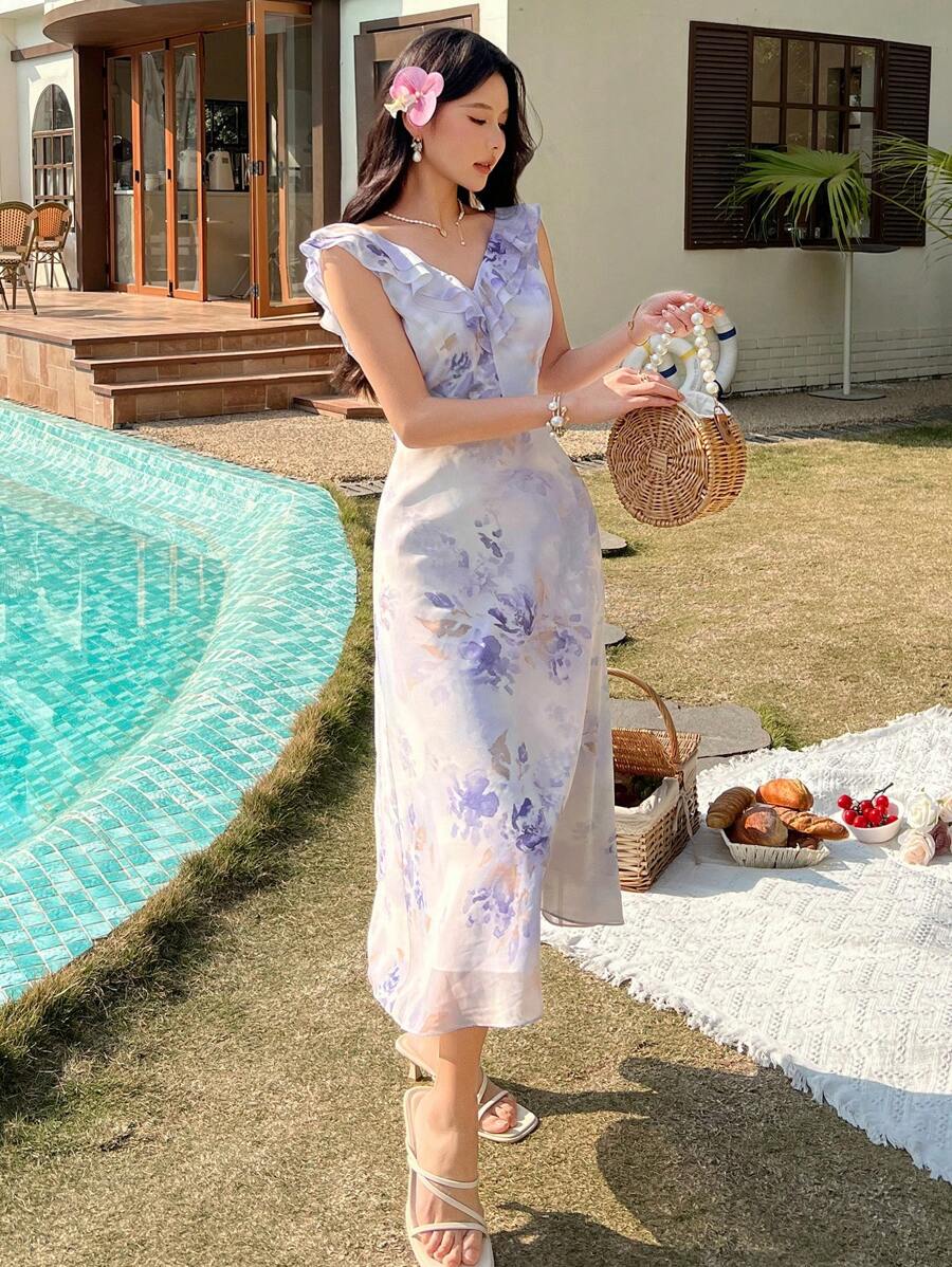 DAZY 中长款印花荷叶边开衩连衣裙,适合女士度假、复活节等场合穿着。 - 紫色 - 查看 1