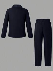 SHEIN 3 件套青少年男孩绅士西装套装：休闲西装外套 + 背心 + 长裤，适合生日派对、晚会、婚礼、洗礼、周年纪念的优雅服装 - 藏蓝色 - 查看 2