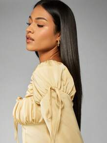 MISSGUIDED Elegant Puff Sleeve Corset Blouse Square Neck Ruched Tie Front Empire Waist Victorian Style Fall Winter Top Retro Cottagecore Fashion - Yellow - View 4