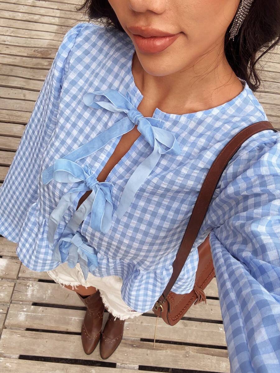 SHEIN EZwear 女式复古别致红白格子天鹅绒前系带泡泡袖宽松衬衫 - 淺藍色 - 查看 1