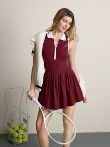 CourtClass Contrast Panel Backless Hollow-Out Design Casual Yoga Sports Dress Athletic Dress