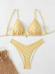 Swim Mod Springbreak Women Summer Floral Print Spaghetti Strap Top And High Cut Bikini Bottoms Beach Outfit - Yellow - View 3