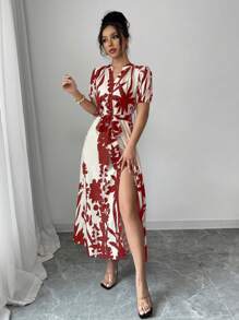 Chiquease V-Neck Casual Printed Vacation-Style Tie-Up Short Sleeve Dress - Red - View 4