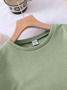 SHEIN LMoss Kids 2 件套女孩针织纯色圆领宽松 T 恤和修身针织短裤套装 - 綠色 - 查看 4
